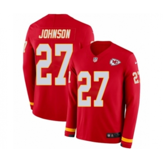 Youth Nike Kansas City Chiefs 27 Larry Johnson Limited Red Therma Long Sleeve NFL Jersey