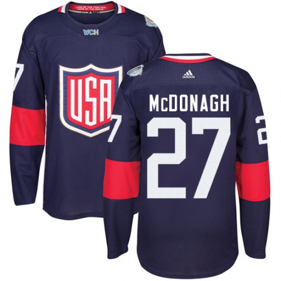 Men's Adidas Team USA 27 Ryan McDonagh Authentic Navy Blue Away 2016 World Cup Ice Hockey Jersey