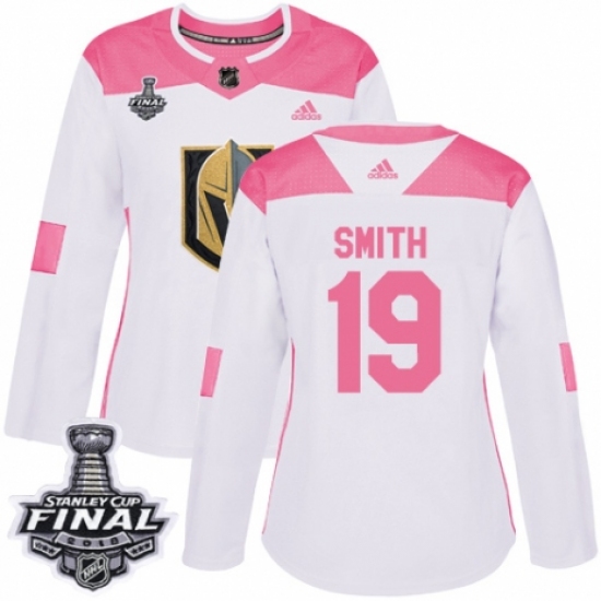 Women's Adidas Vegas Golden Knights 19 Reilly Smith Authentic White/Pink Fashion 2018 Stanley Cup Final NHL Jersey