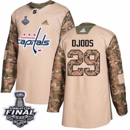 Men's Adidas Washington Capitals 29 Christian Djoos Authentic Camo Veterans Day Practice 2018 Stanley Cup Final NHL Jersey