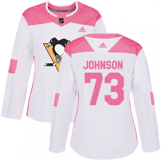 Women's Adidas Pittsburgh Penguins 73 Jack Johnson Authentic White Pink Fashion NHL Jersey