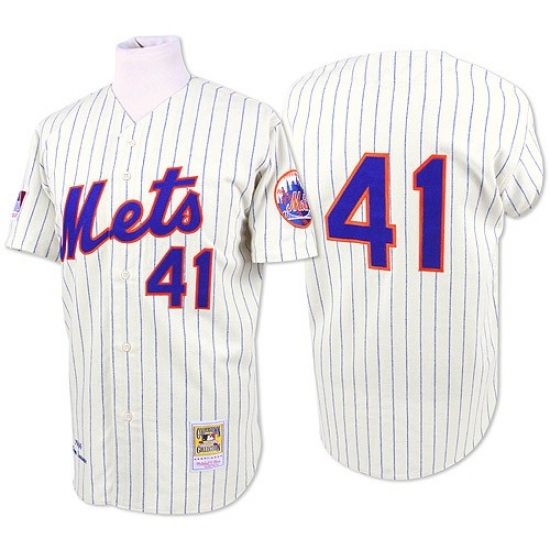 Men's Mitchell and Ness New York Mets 41 Tom Seaver Authentic White/Blue Strip Throwback MLB Jersey