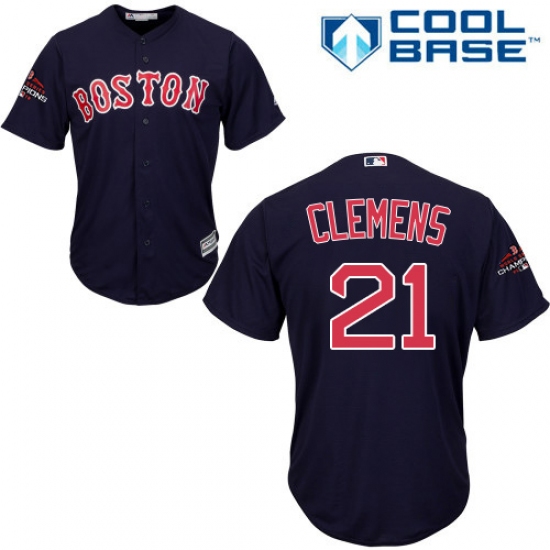 Youth Majestic Boston Red Sox 21 Roger Clemens Authentic Navy Blue Alternate Road Cool Base 2018 World Series Champions MLB Jersey