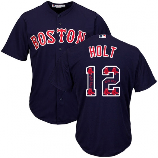 Men's Majestic Boston Red Sox 12 Brock Holt Authentic Navy Blue Team Logo Fashion Cool Base MLB Jersey