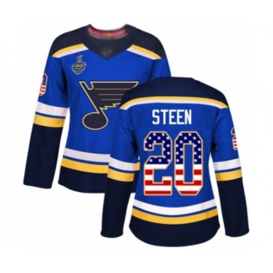 Women's St. Louis Blues 20 Alexander Steen Authentic Blue USA Flag Fashion 2019 Stanley Cup Final Bound Hockey Jersey