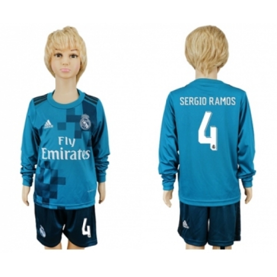 Real Madrid 4 Sergio Ramos Sec Away Long Sleeves Kid Soccer Club Jersey