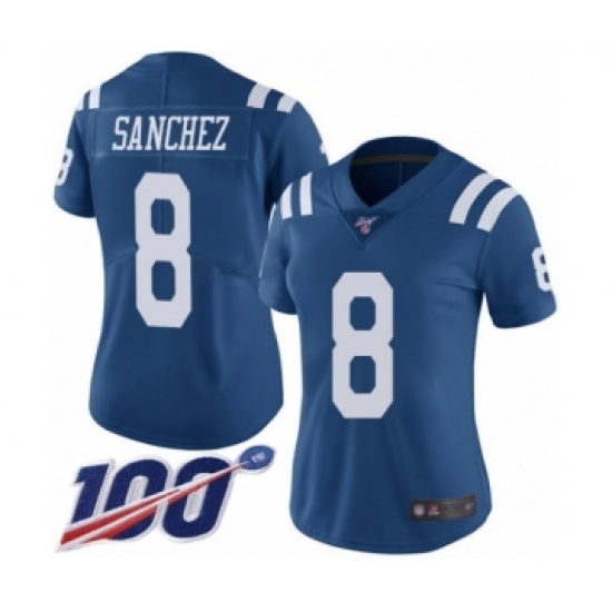 Women's Indianapolis Colts 8 Rigoberto Sanchez Limited Royal Blue Rush Vapor Untouchable 100th Season Football Jersey