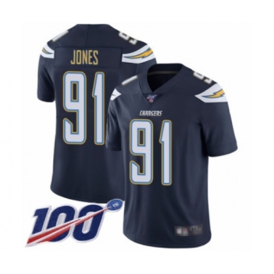 Men's Los Angeles Chargers 91 Justin Jones Navy Blue Team Color Vapor Untouchable Limited Player 100th Season Football Jersey