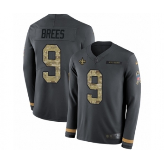 Men's Nike New Orleans Saints 9 Drew Brees Limited Black Salute to Service Therma Long Sleeve NFL Jersey