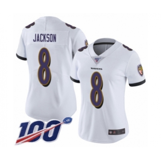 Women's Nike Baltimore Ravens 8 Lamar Jackson White Vapor Untouchable Limited Player 100th Season NFL Jersey