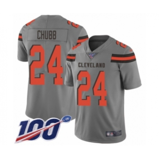 Youth Cleveland Browns 24 Nick Chubb Limited Gray Inverted Legend 100th Season Football Jersey
