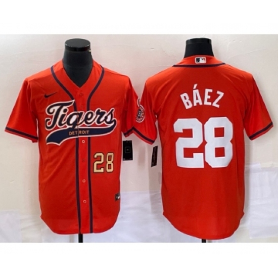 Men's Detroit Tigers 28 Javier Baez Number Orange Cool Base Stitched Baseball Jersey