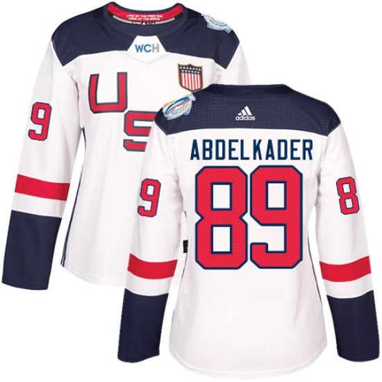 Women's Adidas Team USA 89 Justin Abdelkader Authentic White Home 2016 World Cup Hockey Jersey