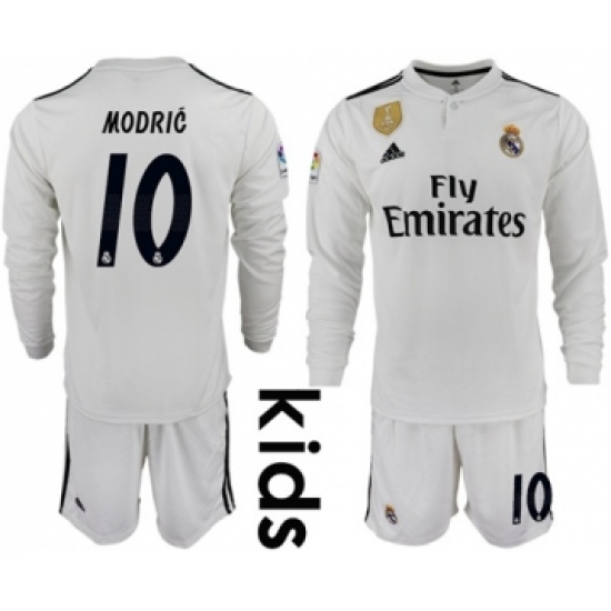 Real Madrid 10 Modric Home Long Sleeves Kid Soccer Club Jersey