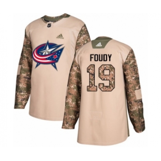 Men's Adidas Columbus Blue Jackets 19 Liam Foudy Authentic Camo Veterans Day Practice NHL Jersey