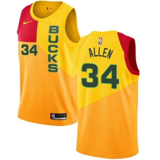 Men's Nike Milwaukee Bucks 34 Ray Allen Swingman Yellow NBA Jersey - City Edition