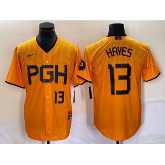 Men's Nike Pittsburgh Pirates 13 KeBryan Hayes Number Gold 2023 City Connect Stitched Jersey1