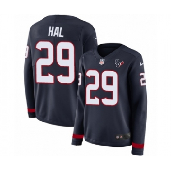 Women's Nike Houston Texans 29 Andre Hal Limited Navy Blue Therma Long Sleeve NFL Jersey