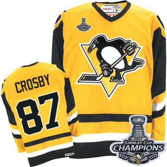 Men's CCM Pittsburgh Penguins 87 Sidney Crosby Authentic Yellow Throwback 2017 Stanley Cup Champions NHL Jersey