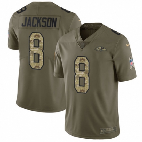 Men's Nike Baltimore Ravens 8 Lamar Jackson Limited Olive/Camo Salute to Service NFL Jersey