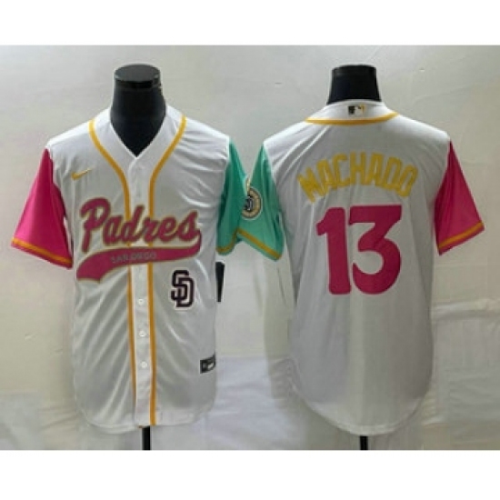 Men's San Diego Padres 13 Manny Machado White NEW 2023 City Connect Cool Base Stitched Jersey