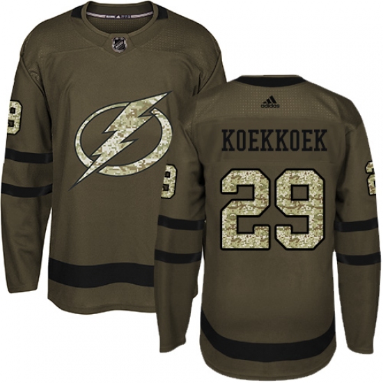 Men's Adidas Tampa Bay Lightning 29 Slater Koekkoek Authentic Green Salute to Service NHL Jersey