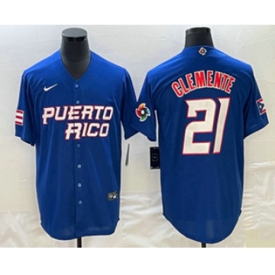Men's Puerto Rico Baseball 21 Roberto Clemente 2023 Blue World Classic Stitched Jerseys