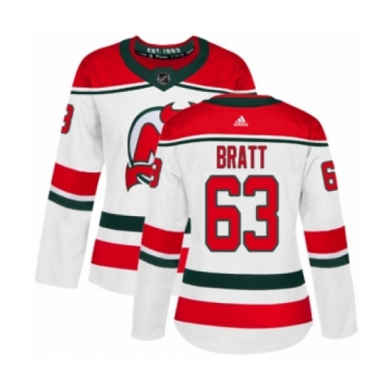 Women's Adidas New Jersey Devils 63 Jesper Bratt Authentic White Alternate NHL Jersey