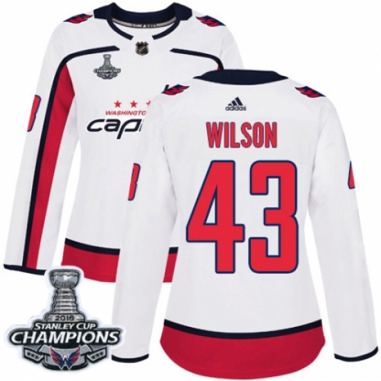 Women's Adidas Washington Capitals 43 Tom Wilson Authentic White Away 2018 Stanley Cup Final Champions NHL Jersey