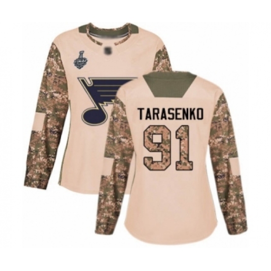 Women's St. Louis Blues 91 Vladimir Tarasenko Authentic Camo Veterans Day Practice 2019 Stanley Cup Final Bound Hockey Jersey