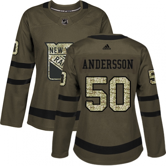 Women's Adidas New York Rangers 50 Lias Andersson Authentic Green Salute to Service NHL Jersey