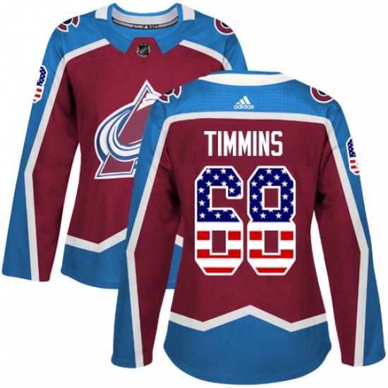 Women's Adidas Colorado Avalanche 68 Conor Timmins Authentic Burgundy Red USA Flag Fashion NHL Jersey