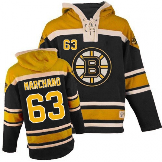 Men's Old Time Hockey Boston Bruins 63 Brad Marchand Premier Black Sawyer Hooded Sweatshirt NHL Jersey