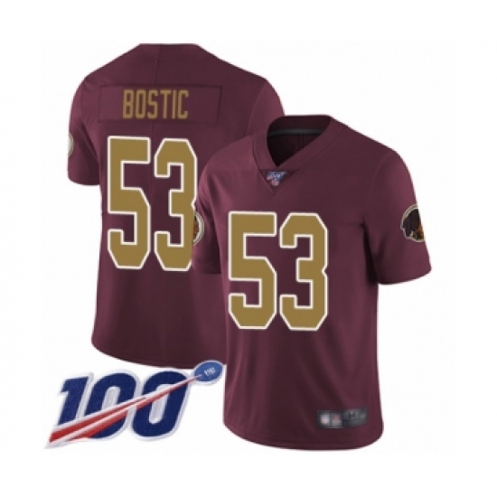 Men's Washington Redskins 53 Jon Bostic Burgundy Red Gold Number Alternate 80TH Anniversary Vapor Untouchable Limited Player 100th Season Football Jersey