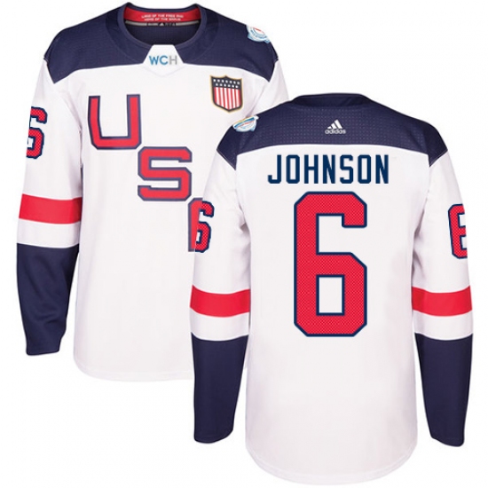 Men's Adidas Team USA 6 Erik Johnson Premier White Home 2016 World Cup Ice Hockey Jersey