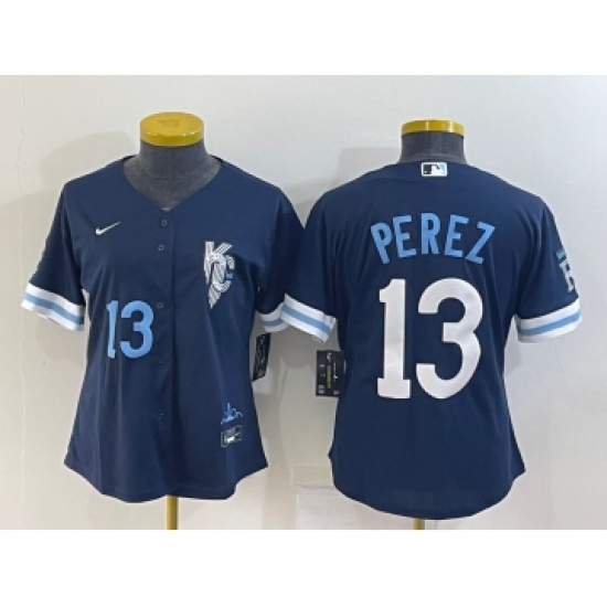 Women's Kansas City Royals 13 Salvador Perez Number 2022 Navy Blue City Connect Cool Base Stitched Jersey