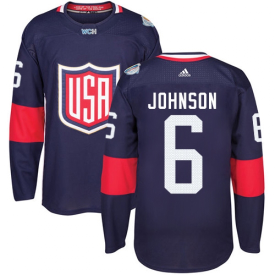 Men's Adidas Team USA 6 Erik Johnson Authentic Navy Blue Away 2016 World Cup Ice Hockey Jersey