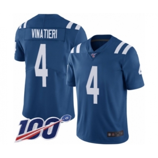 Men's Indianapolis Colts 4 Adam Vinatieri Royal Blue Team Color Vapor Untouchable Limited Player 100th Season Football Jersey