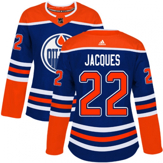 Women's Adidas Edmonton Oilers 22 Jean-Francois Jacques Authentic Royal Blue Alternate NHL Jersey