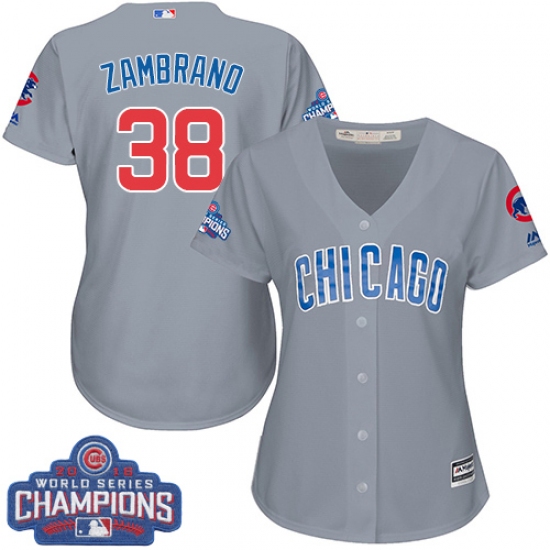 Women's Majestic Chicago Cubs 38 Carlos Zambrano Authentic Grey Road 2016 World Series Champions Cool Base MLB Jersey