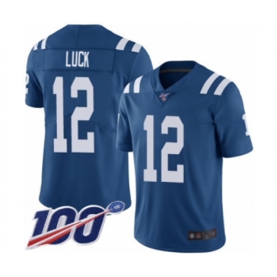 Youth Nike Indianapolis Colts 12 Andrew Luck Royal Blue Team Color Vapor Untouchable Limited Player 100th Season NFL Jersey