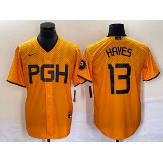 Men's Nike Pittsburgh Pirates 13 KeBryan Hayes Gold 2023 City Connect Stitched Jersey 1