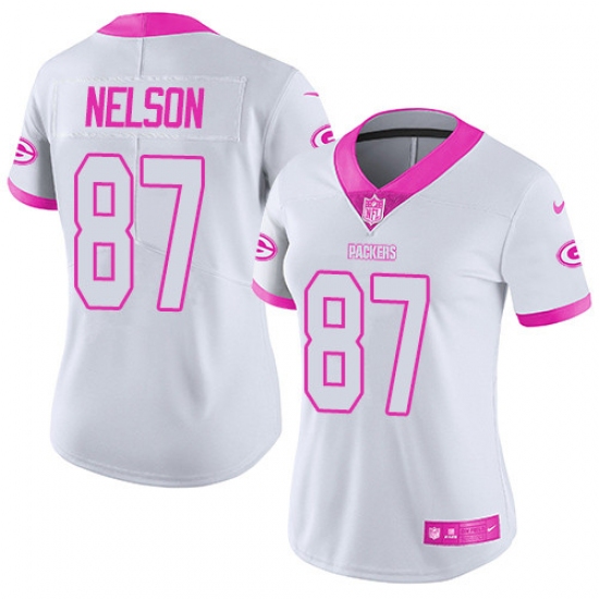 Women's Nike Green Bay Packers 87 Jordy Nelson Limited White/Pink Rush Fashion NFL Jersey