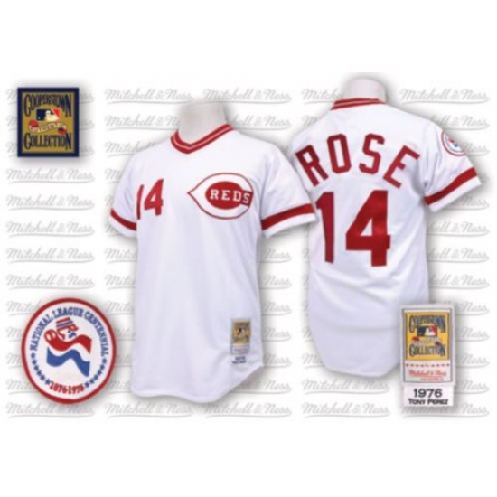 Men's Mitchell and Ness Cincinnati Reds 14 Pete Rose Authentic White Throwback MLB Jersey