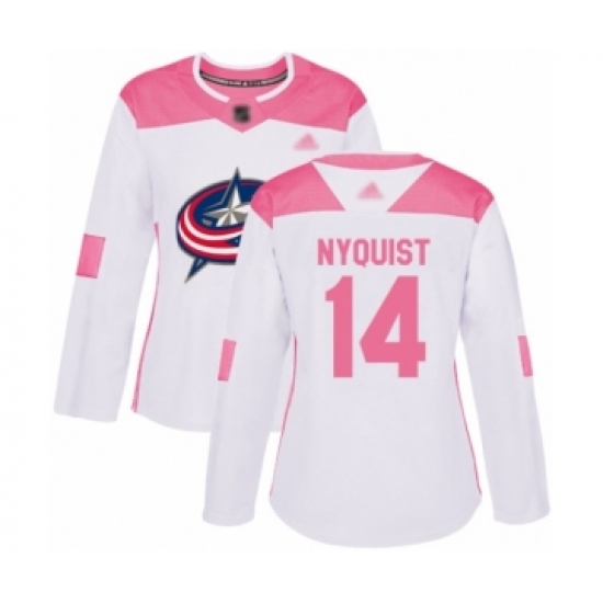 Women's Columbus Blue Jackets 14 Gustav Nyquist Authentic White Pink Fashion Hockey Jersey