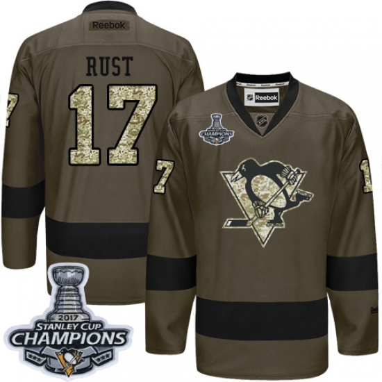 Men's Reebok Pittsburgh Penguins 17 Bryan Rust Authentic Green Salute to Service 2017 Stanley Cup Champions NHL Jersey