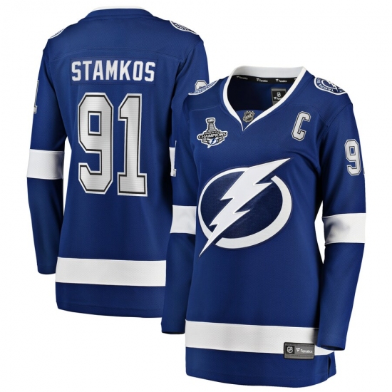 Women's Tampa Bay Lightning 91 Steven Stamkos Fanatics Branded Blue Home 2020 Stanley Cup Champions Breakaway Jersey