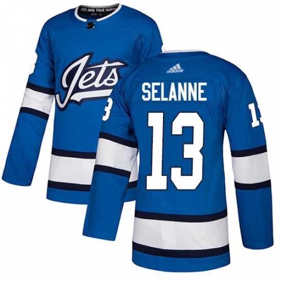 Youth Adidas Winnipeg Jets 13 Teemu Selanne Authentic Blue Alternate NHL Jersey