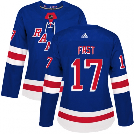 Women's Adidas New York Rangers 17 Jesper Fast Premier Royal Blue Home NHL Jersey