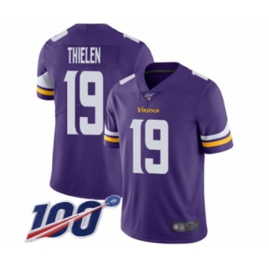 Men's Minnesota Vikings 19 Adam Thielen Purple Team Color Vapor Untouchable Limited Player 100th Season Football Jersey